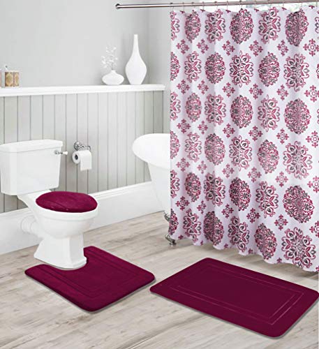 Bathroom Collection Burgundy 16pc Bathroom Accessory Set - Non-Slip Bath Mat, Non-Slip Contour Mat, Toilet Lid Cover and Waterproof Shower Curtain with Rustproof Metal Roller Hooks