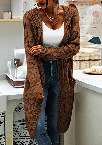 Image of Women Hooded Open Front Cardigan Cable Knit Chunky Long Sweater Coats | solid color, cable knit ,long duster cardigan,chunky coatigan,winter ,falll ,side pockets
