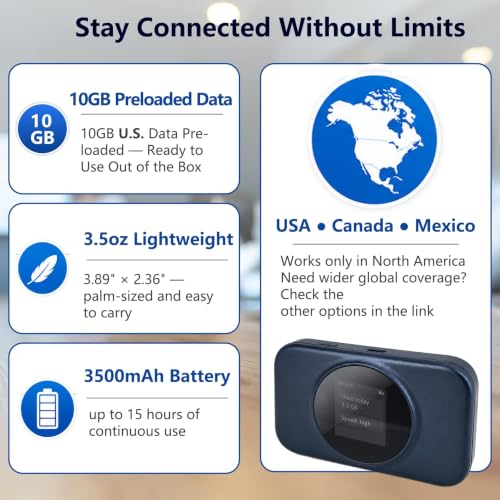 Image of Portable WiFi Hotspot - No SIM,10GB US Preloaded,Connect 8 Devices, Portable Internet Devices, for USA, Canada & Mexico, Mobile Pocket Hotspot Ultra Portable 4G LTE Travel Router