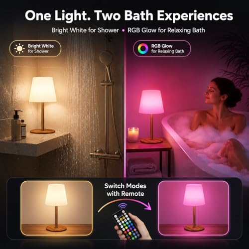 Image of EZVALO Spa-Like RGB Shower Lamp - Waterproof Bathroom Lamp with Remote, Rechargeable Cordless Mood Light, 3 Color Temps & 80 RGB Colors for Relaxing Bathroom & Bathtub Experience (2 Packs)