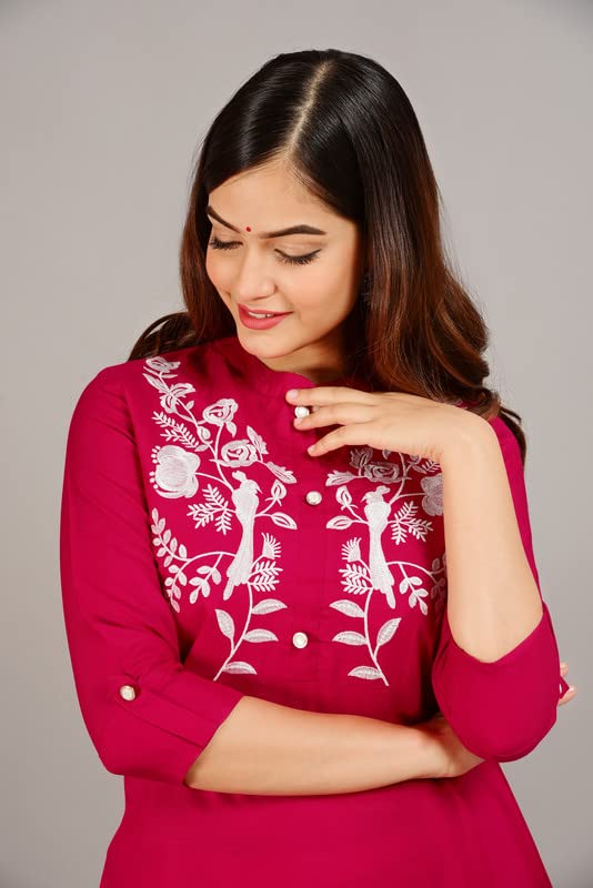 Image of NEW4U Women's Regular Fit Rayon Straight Buttoned Kurta | Designer Printed Kurti /Embroidery Kurta Round Neck Style with Buttons Ethnic Kurta