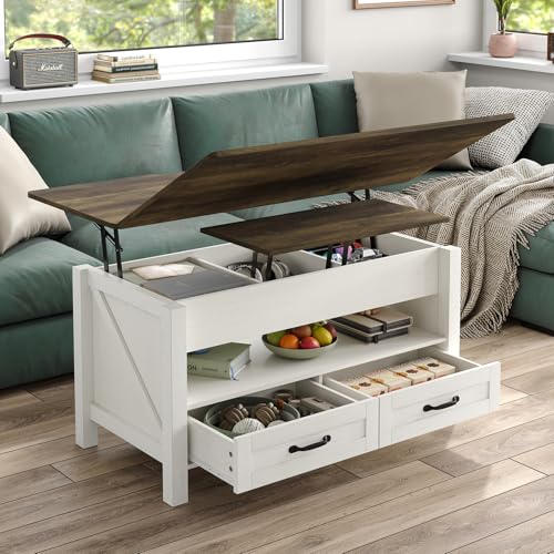 Furniouse Retro Multi-Function Lift Top Table with 2 Drawers and Open Storage, Converts to Dining Table, for Living Room and Home Office, Brown Top