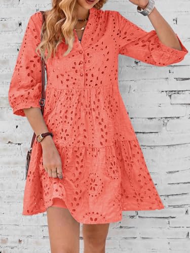 utcoco Women's 2025 Eyelet Lace Midi Dress V Neck Puff 3/4 Sleeve Button Tiered Sexy A Line Sun Dress2