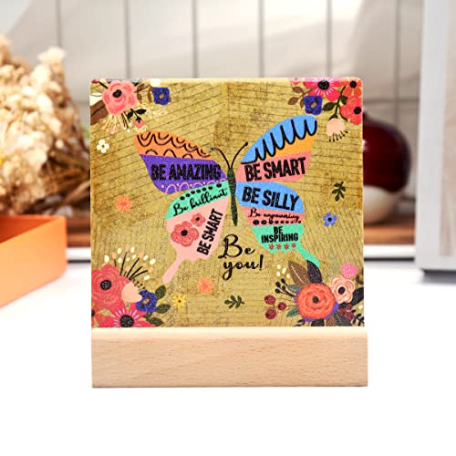 Inspirational Quotes Desk Decor Gifts For Women Girls Friends-Motivational Sign Ceramic Plaque With Wooden Stand-Cheer Up Gifts For Friends Women (Butterfly) #TOP2