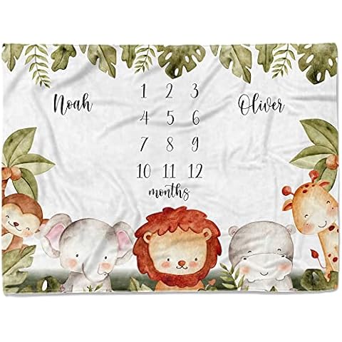 MDPrints Global Personalized Twin Milestone Blanket, Custom Monthly Baby Blankets with Name for Boys and Girls, 30x40 & 50x60inch Soft Plush Fleece (Safari 541) Cover