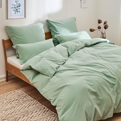Blumtal Biancheria da Letto Stone Washed 135x200cm Lino e Cotone 80x80cm Alternativa Mussola Set Copripiumino 135x200cm + 80x80cm – Summer Green - Verde