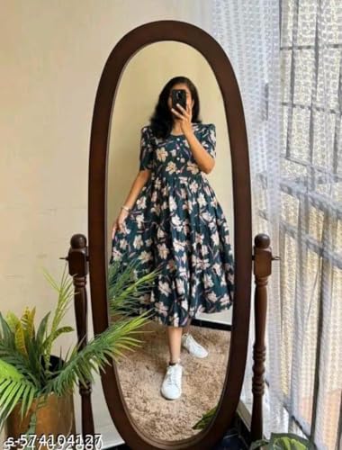 Image of Women's Rayon A-Line Midi Dress, Floral Print, Short Sleeves, Round Neck, Tiered Design