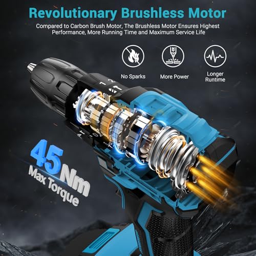 Image of LEEIKOO Cordless Drill Driver 21V, Brushless Cordless Hammer Drill with 2 Batteries 2000mAh, 20+3 Torque, 45N.m Max Combi Drills, LED Light, 2 Speed, 14PCS for Home and Garden DIY Project