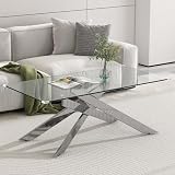 ModaWhly Glass Coffee Table, Modern Rectangle Center Table with Tempered Glass Top and Silver Metal Legs, Living Room Tea Tables for Small Space, Living Room, Office, Apartment
