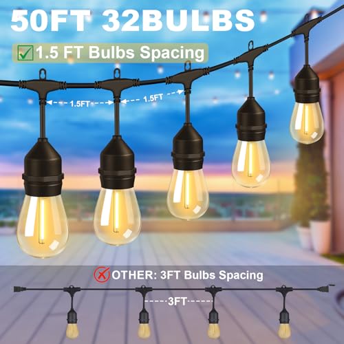 50FT Outdoor String Lights with 32+2 Bulbs , Remote & Dimmer, Commercial Patio String Lights with 3 Mode Light & Timing, - Additional View