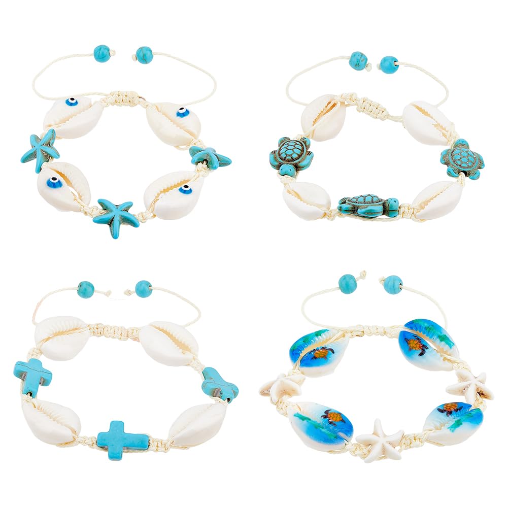 SUPERFINDINGS 4 estilos de pulseras de concha natural, 4 unidades, pulseras de conchas marinas tejidas a mano, pulseras ajustables de estrella de mar, pulseras de tobillo de mal de ojo, pulseras de