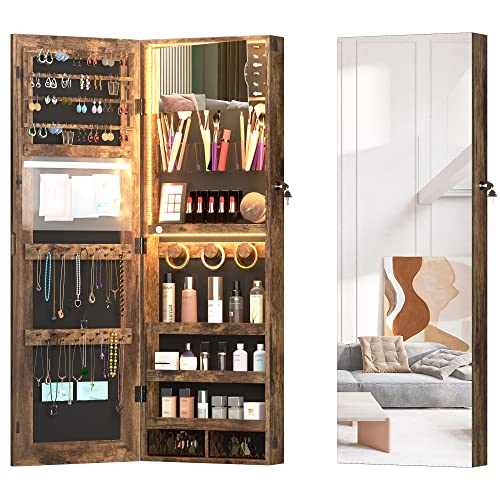 Image of Vlsrka Mirror Jewelry Cabinet with 3 LED Lights, Wall /Door Mounted Jewelry Armoire Organizer with Full Length Mirror Large Capacity Storage Hanging Cabinet, Built-in Lighted & Movable Makeup Mirror