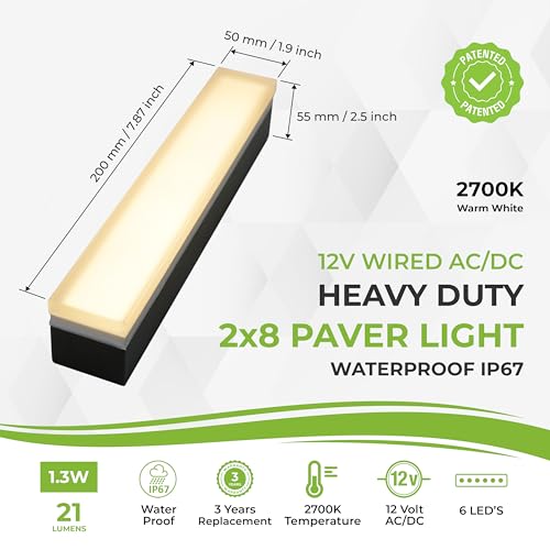 Image of LUMENGY Paver Light 2x8 Inch (1.97x7.87), 2700K Warm White, Glare-Free Brick Lighting for Driveways, Walkways, Pool Decks and Patios, 12V Hardwired, IP67 Waterproof, Drive-Over Rated