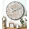 EMAX HOME 24 Inch Large Farmhouse Wall Clock, Rustic Antique Wood with Metal Circle and Large Engraved Numerals, Silent Battery Operated Wall Clock for Office Kitchen Bedroom Living Room