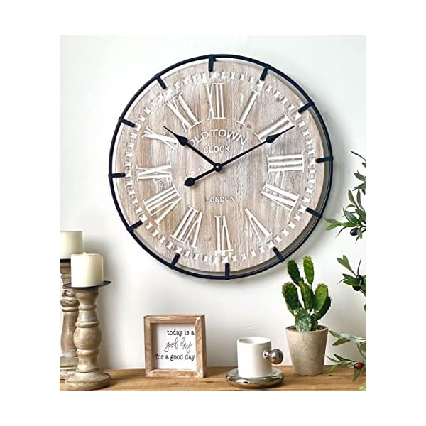EMAX HOME 24 Inch Large Farmhouse Wall Clock, Rustic Antique Wood with Metal Circle and Large Engraved Numerals, Silent Battery Operated Wall Clock for Office Kitchen Bedroom Living Room