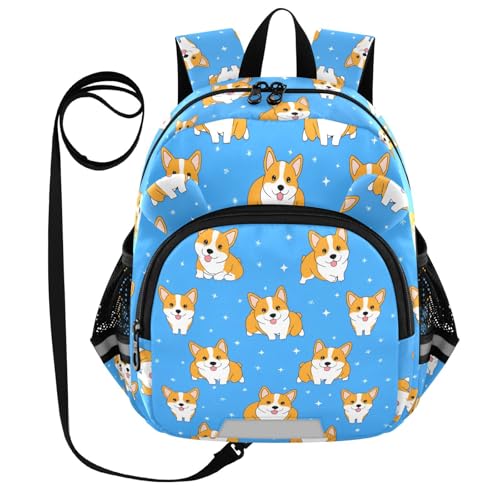 Corgi Star Cartoon Lightblue Toddler Harness Backpack for Boys Girls 3-6 Years Kids Backpack with Anti Lost Safety Leash Baby Protection Backpack for Travel Walking Preschool