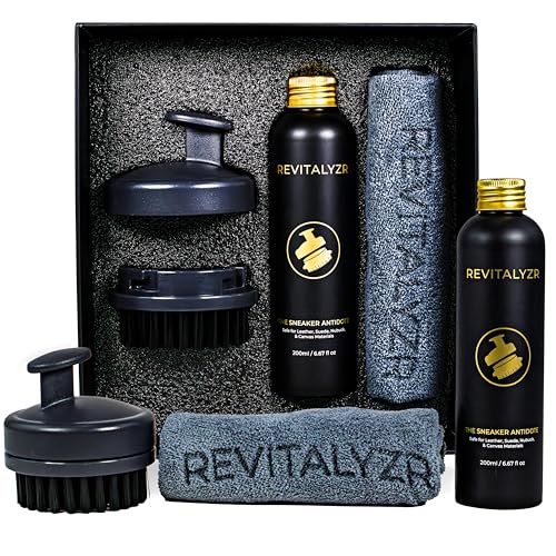 Revitalyzr Premium Shoe Cleaning Kit – Sneaker Cleaner for Leather, Suede, Nubuck, Canvas – Includes 200ml Cleaning Solution, Ergonomic Brush, Microfiber Cloth