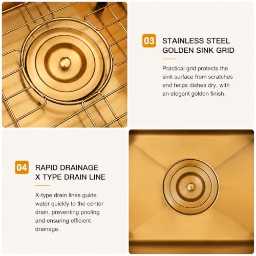 Image of Gold Bar Sink, 15 inch Gold Kitchen Sink, SUS304 Stainless Steel Single Bowl