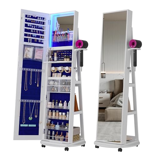 HNEBC 360° Swivel Jewelry Armoire with Mirror, LED Mirror Jewelry Cabinet Standing, Full Length...