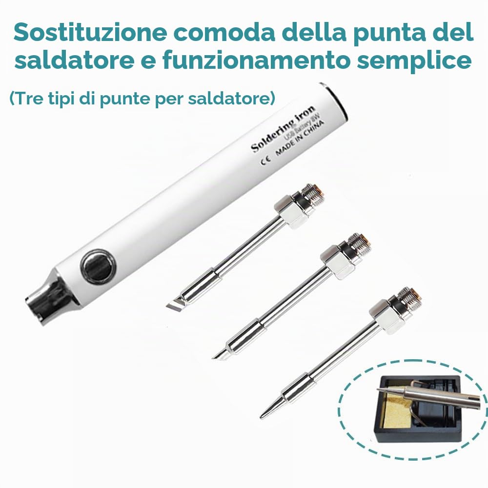 Treedix Kit di saldatore, 8 W, strumenti di saldatura con temperatura regolabile da 330 a 450 ℃, saldatore elettrico senza fili, cavo di ricarica USB, supporto per saldatura, 3 punte per saldatura e