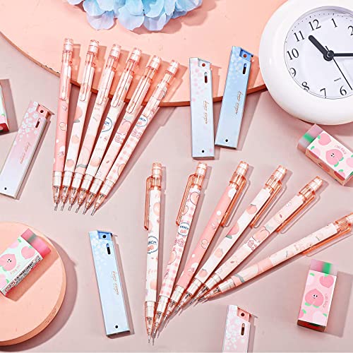 12 Pieces Kawaii Juice Peach Mechanical Pencil With 6 Cute Erasers And 12 Tube Hb Pencil Refills,Fruit,Set For Student Writing, Drawing, Sketching, Architecture (0.5Mm) #TOP5