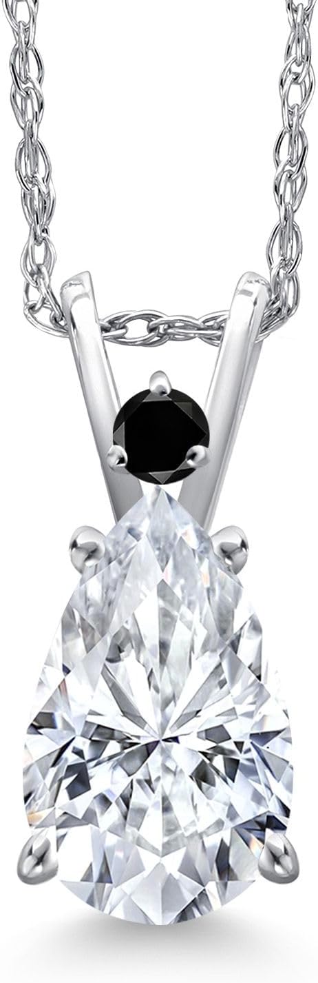 Gem Stone King 14K White Gold White Moissanite and Black Diamond Pendant Necklace for Women | 2.00 Cttw | Gemstone Birthstone | Pear Shape 10X7MM | With 18 Inch Chain