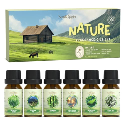 Soulorigin Nature Fragrance Oils Set, Essential Oil Gift Set for Diffuser, Natural Scent Diffuser Oil for Candle Making-Fresh Cut Grass, Mountain Air, Bamboo, Ocean Breeze, Fresh Lotus Leaf, White Tea