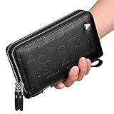 Mens Clutch Bag Handbag Leather Zipper Long Wallet Business Hand Clutch Phone Holder (Stripe Black Double Zipper)