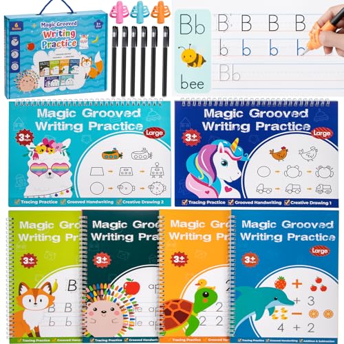 Magic Grooved Writing Practice, Tiny Thinkers Reusable Indented Handwriting Practice for Kids 3-5, Your Little Explorer Motor Magic Happy Writer System Children Set Age 6-8 for Preschool Kindergarten