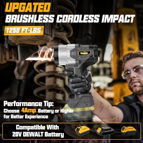 Image of Cordless 1 /2 inch Impact Wrench Compatibe with Dewalt 20V Battery, 1250Ft-lbs(1700N.M) High Torque Impact Gun Heavy Duty, Brushless Electric Power Impact Driver with 4 Sockets&4 Speeds&LED Work Light