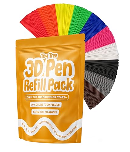 Image of Toy Tree 300 Piece 3D Pen Refill Pack | Compatible with The 3Doodler Start+ Only | 10 Vibrant Colors of Safe Low Temperature PCL Filament 2.5mm Thick | Not Compatible with Other 3D Pens | 2.5mm x 6 inch PCL Filament | 30 of each color | Low temperature & safe for kids | Only compatible with the 3Doodler Start