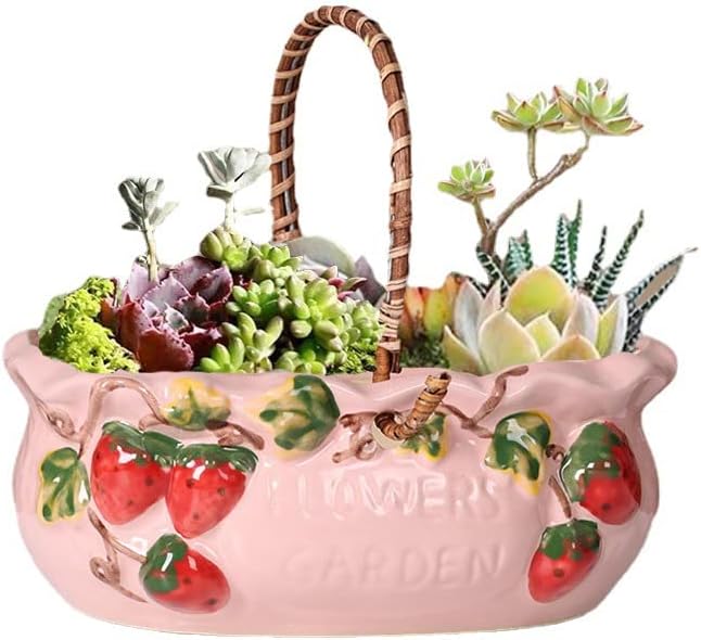 Miniatura 1 de Maceta para suculentas, maceta de cerámica rosa grande con florero de fresa, contenedor único para cactus con agujero, decoración de oficina en casa