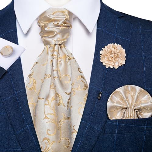 Image of DiBanGu Mens Silk Ascot Ties Paisley Jacquard Woven Cravat and Pocket Square Cufflinks with Lapel Pin for Business Wedding