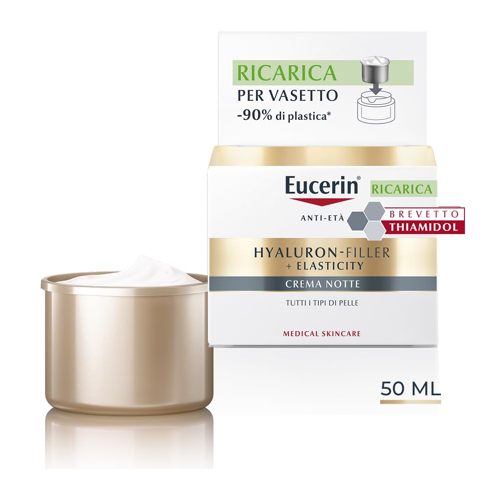Eucerin Skincare Kit con Hyaluron-Filler + Elasticity Crema Notte 50 ml + Refill 50 ml, Crema viso antimacchie e antirughe e ricarica ecologica con Acido Ialuronico idratante e Thiamidol