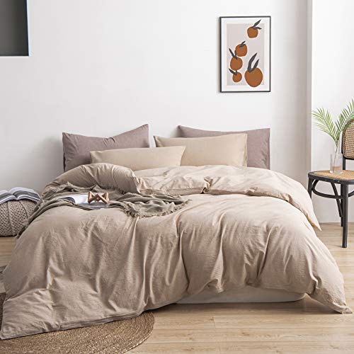 JIYUAN 100% Washed Cotton Duvet Cover Comfy Simple Style Solid Color Soft Breathable Textured Durable Linen Feel Bedding Sets for All Seasons Queen Size, Tan