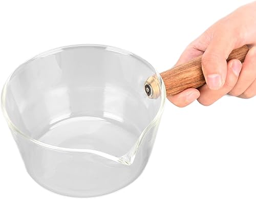 Sartén para leche, olla de leche de vidrio con mango de madera antiadherente, con boquilla en forma de V, cacerola para cocinar, accesorios de