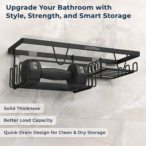 Image of Plantex Shelf for Bathroom /GI Steel Soap Stand with Side Hooks with Minor Surface Marks from Transit, Fully Quality Checked /Bathroom Organiser Without Drill (Black, Powder Coated)
