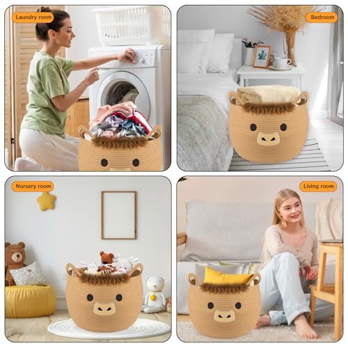 Image of Highland Cute Cow Basket for Nursery, Large Blanket Gift Basket | Woven Rop Cotton Storage, Baby Laundry 0rganizer with Ears Handles, Towels Toy Clothes Gifts Storage Cat Dog Bin,13 inchDx11.5 inchH