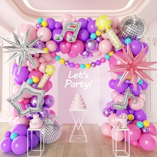 Image of 171Pcs Songster Birthday Decoration - Pink and Purple Balloon Arch Kit Hollow Star, Microphone, Disco Mylar Balloon Garland Kit for Music Fans Popular Singer Birthday Princess Party Decorations