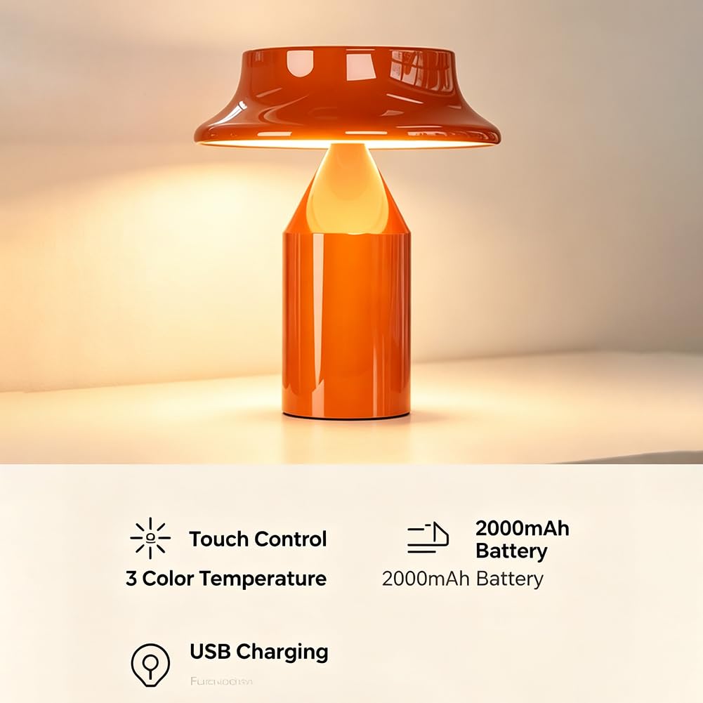 Lampada a LED a Forma di Fungo Arancione Ricaricabile Dimmerabile da Tavolo Senza fili con Comando Touch Ricaricabile Tramite USB Lampada a Batteria da 2000mAh in Metallo 3 Temperature di Colore