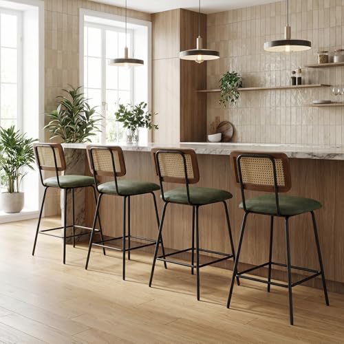 Image of Bar Stools Set of 2, 26 inch Modern Rattan Counter Height Bar Stools with Metal Legs, Upholstered Faux Leather Barstools with Cane Backrest for Kitchen Island Home Bar Restaurant, Green