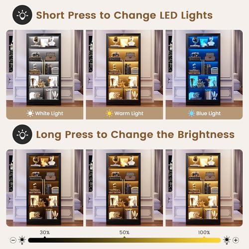 Image of LVSOMT Bookcase with Glass Doors and LED Light, Home Office Bookshelf Black | 65 inch Tall Display Cabinet with Adjustable Shelves, Human Sensor, 5 Tier Storage Case for Collectibles, Living Room Study Room