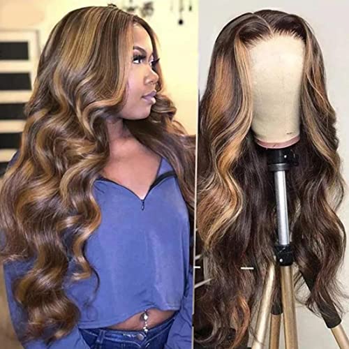 Beauty Forever #Fb30 Highlight Balayage Body Wave Lace Front Wig Human Hair Shadow Root Wigs, 16 Inch T-Part Lace Wig Brazilian Virgin Human Hair Wig Pre-Plucked Middle Part 150% Density #TOP2
