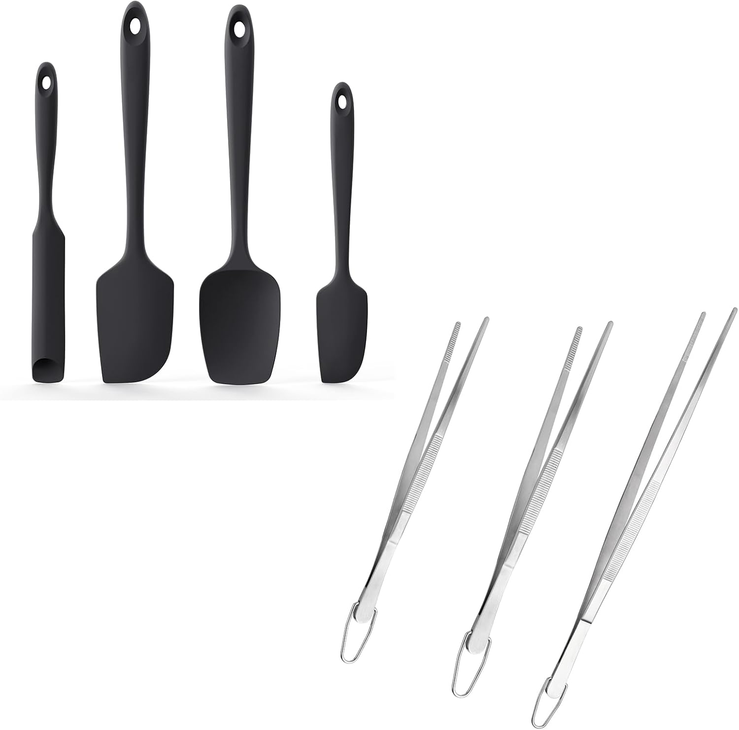 U-Taste 600ºF Heat Resistant Silicone Spatulas: Kitchen Cooking Mixing Utensils (4PCS, Black) and 8"+10"+12" Kitchen Cooking Tweezer: 18/8 Stainless Steel Food-Grade Metal Food Tong (Pointed Tip)