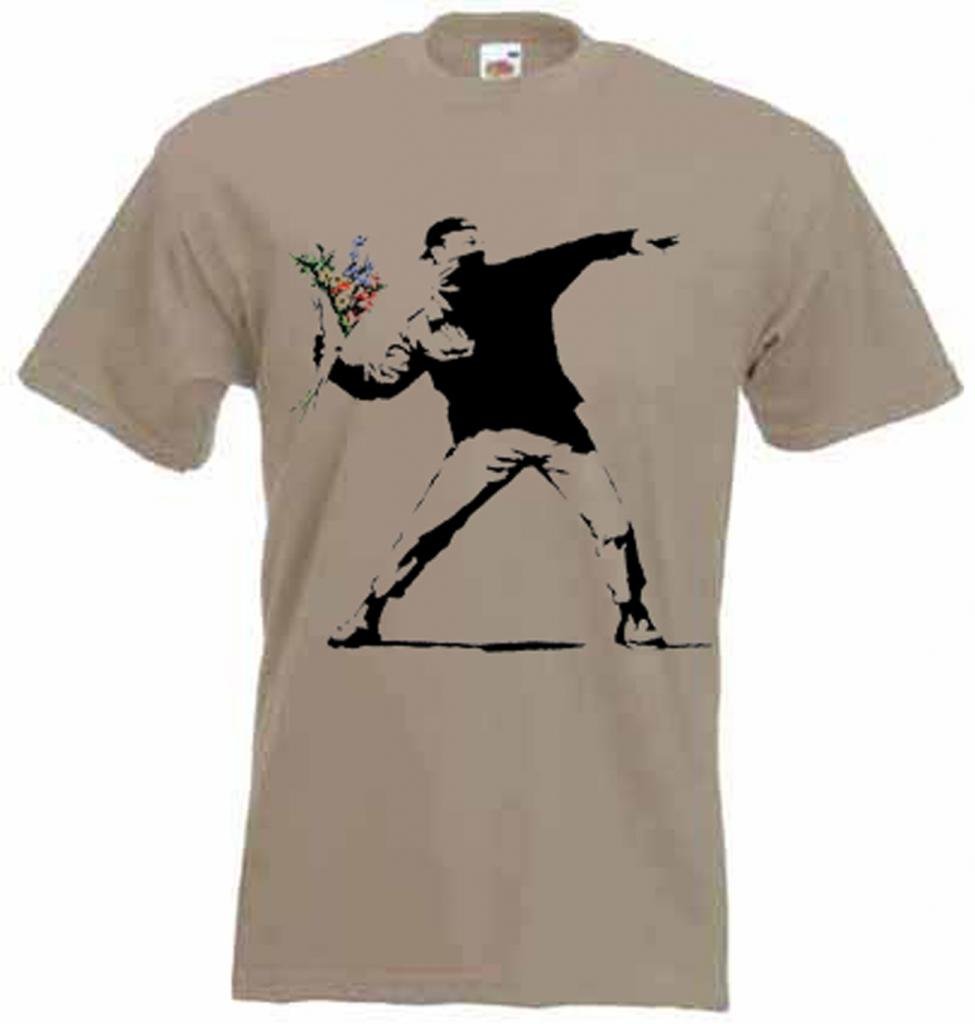 Banksy T-Shirt - Flower Thrower - Khaki - XL