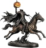 Beleuchtete kopflose Reiter-Statue, gruselige Gothic-Statue, beleuchtet, kopflos, Reitpferd, warme LED-Kürbis-Pferd-Figur für Kaminsims, Regal, Tisch, Zuhause, Halloween-Dekoration, Schwarz