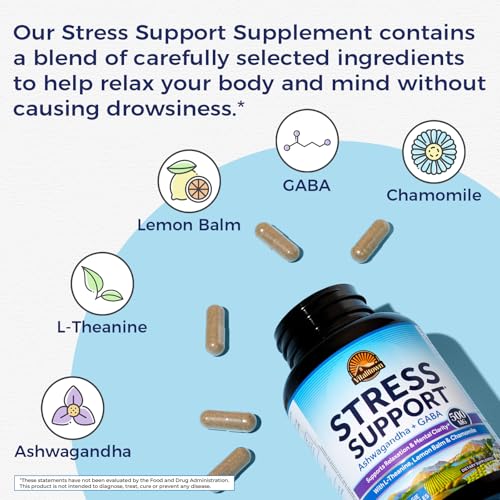 Vitalitown Stress Support Supplement, Calming Blend of Ashwagandha, GABA, L-Theanine, Lemon Balm, Natural Cortisol Response, Ease Stress & Tension, Promote Relaxation & Mental Focus, 60 Vegan Caps - Image 5