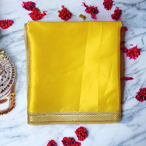 Image of Pooja Cloth for Mandir - White & Yellow Satin Fabric for Prayer Rituals, Pooja, & Multi-Purpose Use,