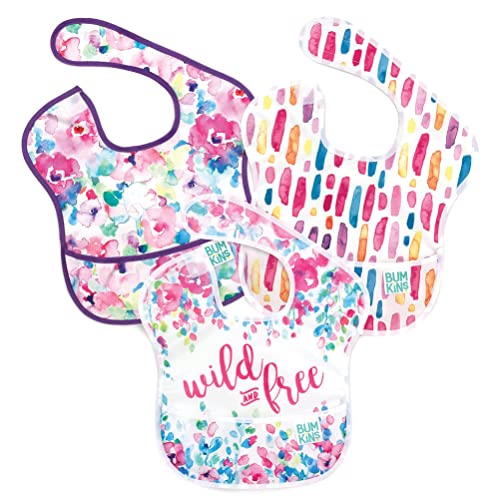 Image of Bumkins Bibs for Girl or Boy, SuperBib Baby and Toddler for 6-24 Months, Essential Must Have for Eating, Feeding, Baby Led Weaning Supplies, Mess Saving Catch Food, Fabric 3-pk Wild and Free