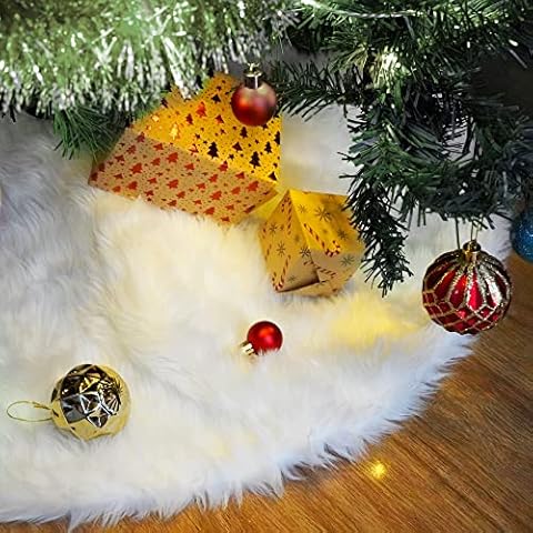 36 inch Christmas Tree Skirt Snowy White Faux Fur Xmas Plush Tree Skirt Cover